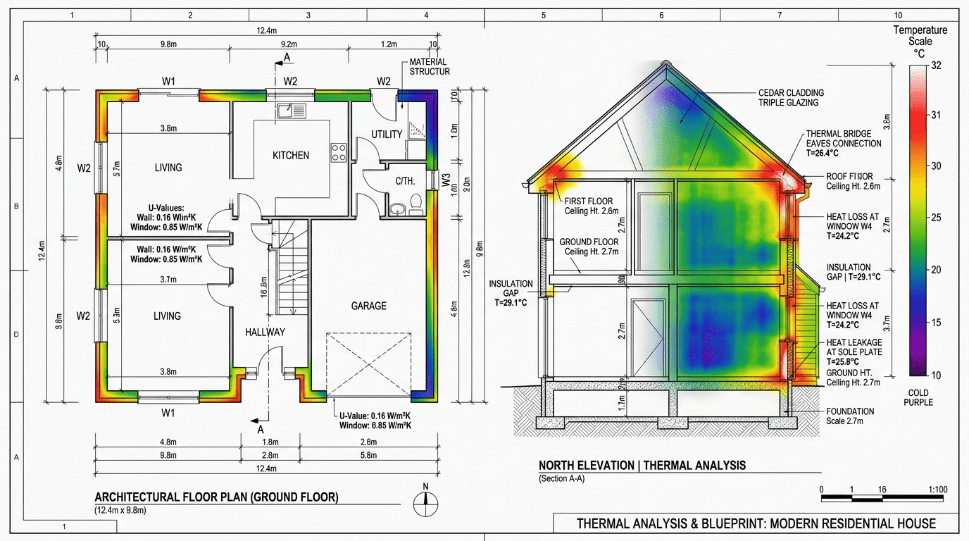 Thermal analysis blueprint showing heat loss and building envelope U-values